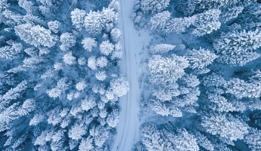 Eine faszinierende Luftperspektive eines verschneiten Winterwaldes mit einem gewundenen Pfad.