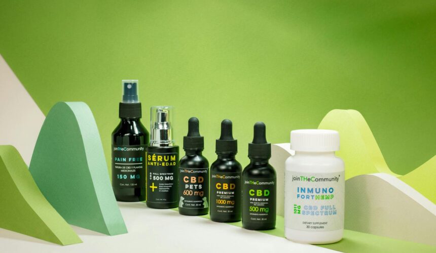 CBD product lineup with abstract green shapes, featuring oils and supplements.