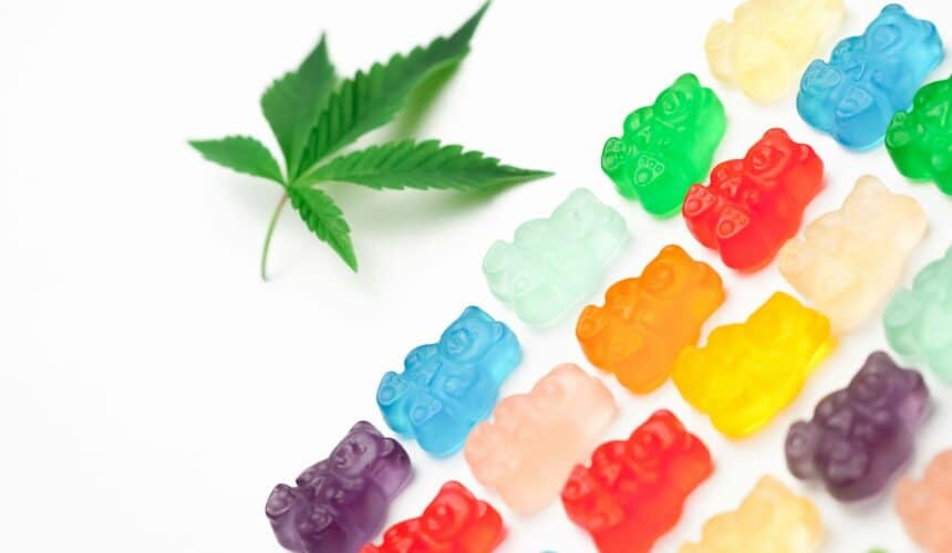 Bunte Gummibärchen neben einem Cannabisblatt auf weißem Hintergrund, die essbare Cannabissüßigkeiten symbolisieren.