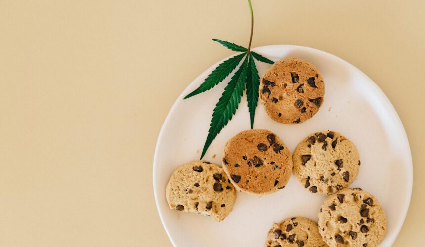 Schokoladenkekse mit Cannabisblatt auf weißem Teller vor schlichtem Hintergrund.
